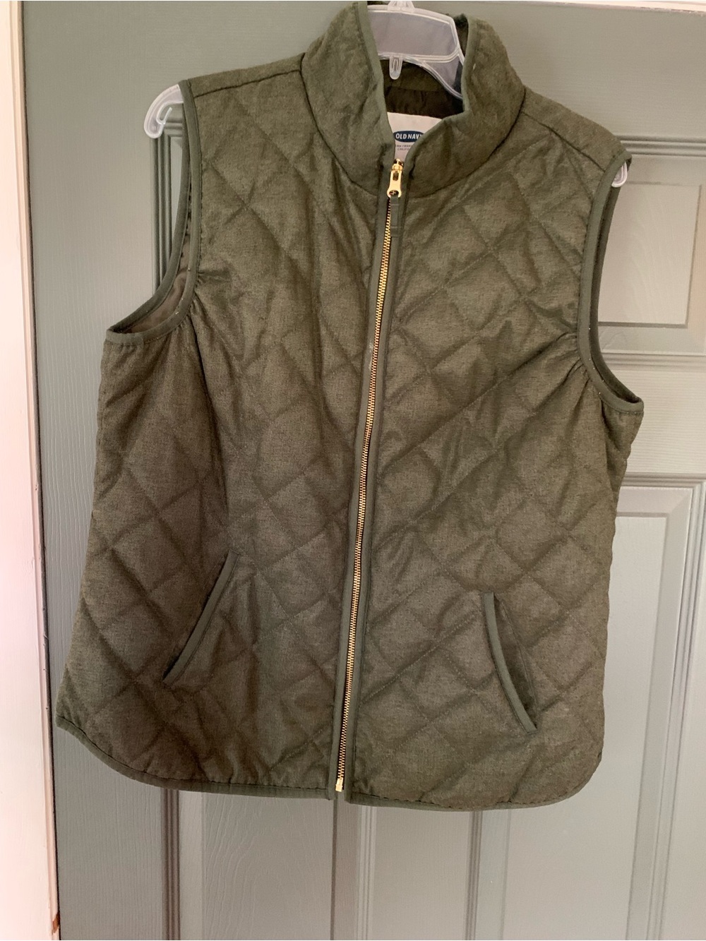 Old Navy Quilted Olive Green Vest with Gold Zip